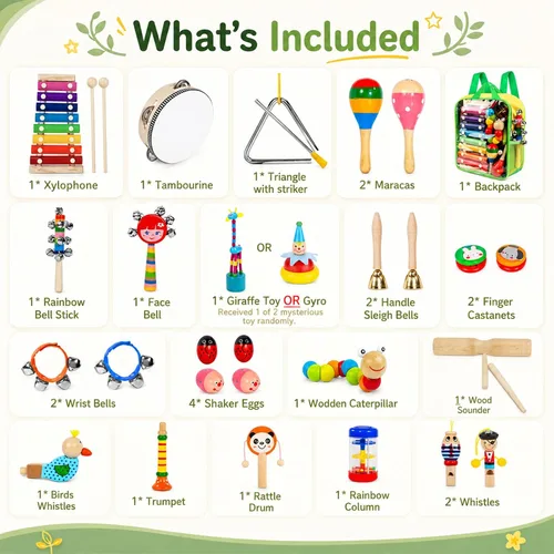 Miniatura 4 de Instrumentos musicales para niños, 33 piezas, 18 tipos, instrumentos de percusión de madera, pandereta, xilófono, juguetes para niños, educación