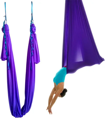 Miniatura 13 de Hamaca de yoga aérea de 5.5 yardas para yoga, columpio, pilates, seda, fitness, incluye mosquetón, cadena de margarita, guía de postura plateado