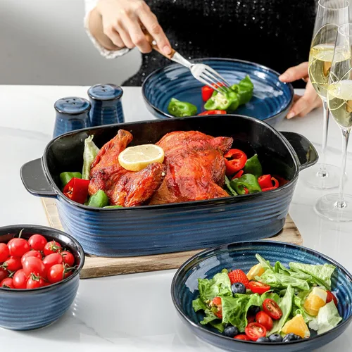 Miniatura 6 de Plato de cerámica para hornear, cacerola de 8.7 x 15.2 pulgadas con asas, bandeja rectangular profunda para lasaña para asar y hornear, utensilios
