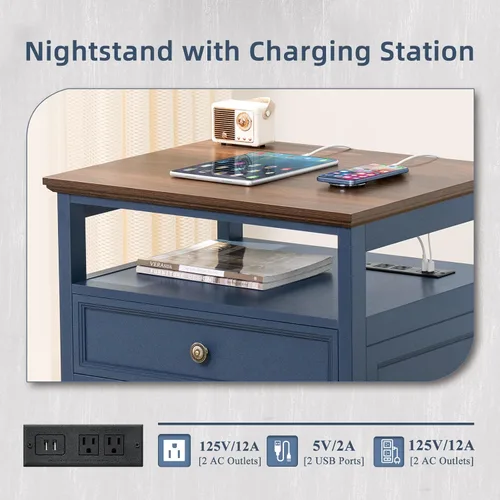 Miniatura 6 de Joaxswe Mesita de noche de estilo granja con estación de carga, mesa auxiliar de 61 cm de ancho con 2 cajones, cómoda azul para dormitorio, cómoda