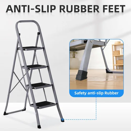 Miniatura 4 de JungleA Escalera de Tijera, Escalera Plegable de 4 Escalones para Adultos, con Pedal Antideslizante Ancho, Capacidad de Carga de 330 libras, Gris