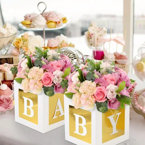 Miniatura 6 de 4 Piezas Cajas de Flores para Baby Shower Centros de Mesa Decoración Dorada Bloque de Bebé Soporte Floral Centro de Mesa Baby In Bloom Revelación