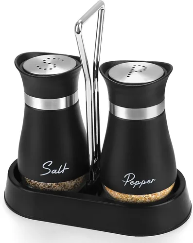 Accmor Juego de saleros y pimenteros con soporte, recipientes de acero inoxidable de 4 onzas con fondo de vidrio para cocina, barbacoa, bar, mesa,