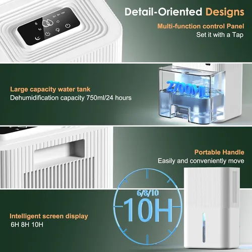 Miniatura 7 de Deshumidificador portátil para el hogar, sótano, baño, dormitorio, tanque de 91 onzas, cobertura de 900 pies cuadrados, diseño inteligente