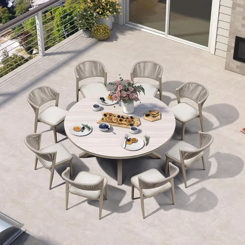 Miniatura 55 de PURPLE LEAF Juego de comedor redondo de 5 piezas de gran tamaño, marco de aluminio y mimbre de ratán para patio, mesa y sillas con cojines