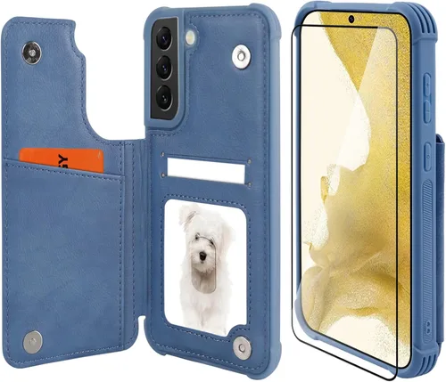 VANAVAGY Funda tipo cartera compatible con Galaxy S22 con soporte para tarjetas de bloqueo RFID, piel sintética, cierre magnético, función atril,