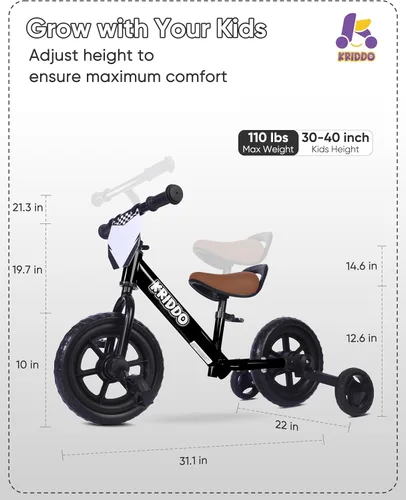 Miniatura 6 de KRIDDO - Triciclo 2 en 1 para niños y bicicleta de equilibrio para niños de 2 años, pedales desmontables y ruedas de entrenamiento guardables, placa