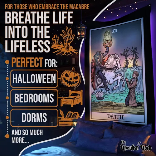 Miniatura 3 de Tapiz de cartas del tarot de la muerte, jinete sin cabeza, La leyenda del somnoliento hueco, gótico, Halloween, decoración para colgar en la pared