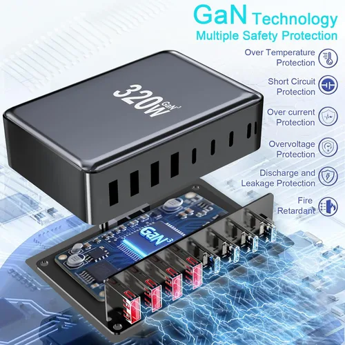 Miniatura 5 de 320W Bloque de Cargador USB C, Estación de Carga Rápida de 8 Puertos USB Hub PD 100W GaN Ⅲ Estación de Carga Pro para Múltiples Dispositivos