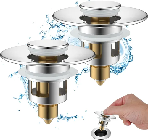 Miniatura 14 de Hibbent Paquete de 2 tapones universales de metal para lavabo de 1.1 a 2.3 pulgadas, colador de drenaje de fregadero emergente, tapón tipo empuje