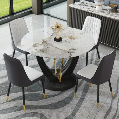 Miniatura 59 de JUFU Juego de mesa de comedor redonda para 4, mesa de comedor de 48 pulgadas con mesa de mármol sintético y 4 sillas tapizadas, moderno juego