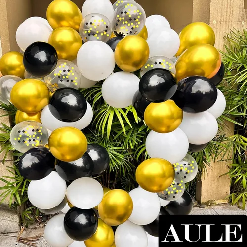 Miniatura 5 de AULE Globos de látex metálicos dorados y blancos de alta calidad, paquete de 60 globos de confeti de 12 pulgadas y oro negro con cintas doradas