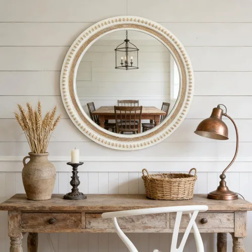Espejo de pared redondo de 24 pulgadas, espejo bohemio con cuentas de madera blanca envejecida, espejo decorativo de granja para dormitorio, sala de