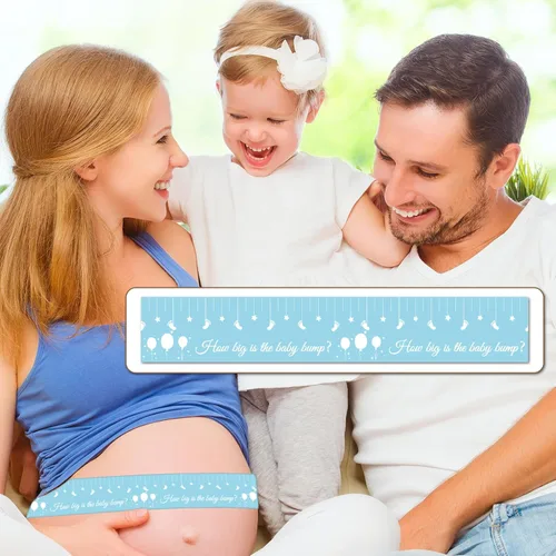 Miniatura 6 de Juegos de baby shower para género neutro How Big is Mommys Belly Tape de 150 pies de medida Cinta métrica de vientre embarazada oso Baby Shower Azul