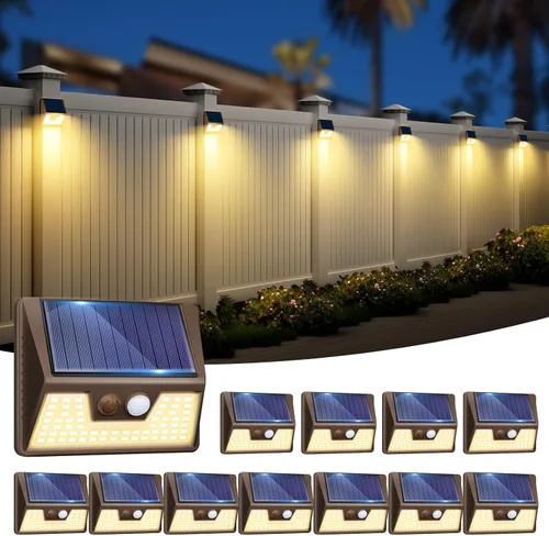 vighep Paquete de 12 luces solares de movimiento para exteriores, luces impermeables para valla al aire libre, luces LED de pared blancas cálidas