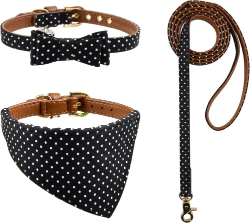 Juego de collar y correa de perro con pajarita, 3 unidades, diseño a cuadros, camuflaje, puntos, flores, bandanas con campana, 3 tamaños ajustables