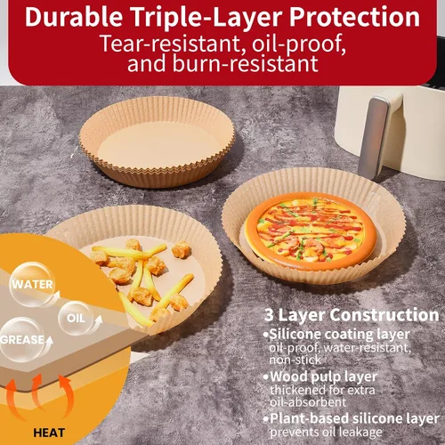 Miniatura 4 de Forros de papel desechables para freidora de aire de 40GSM, 125 piezas de 8 pulgadas de papel pergamino desechable para freidoras de aire de 5-8