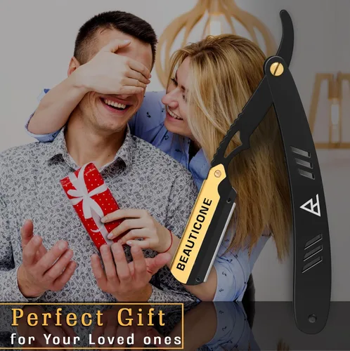 Miniatura 7 de BEAUTICONE Maquinillas de afeitar rectas para hombres, maquinilla de afeitar de borde recto, 100 cuchillas de un solo filo, acero inoxidable, Negro