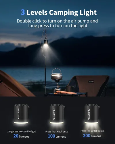 Miniatura 4 de FLEXTAILGEAR Bomba de aire de camping con luz de campamento, bomba de aire para inflables, bomba de colchón de aire portátil con flujo de aire