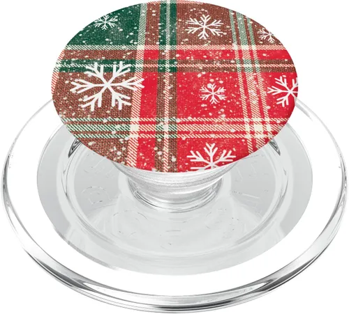 PopSockets MagSafe PopGrip con patrón de cuadros navideños rojos y verdes y copos de nieve para iPhone