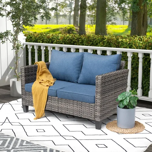 Miniatura 10 de ovios Sofá biplaza de patio, sofá de mimbre de 2 plazas para exteriores, respaldo alto para todo tipo de clima, asiento profundo con cojines cómodos