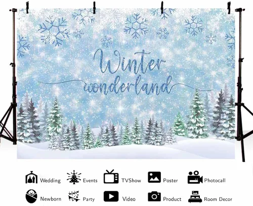 Miniatura 2 de MEHOFOND Telón de fondo de invierno de 8 x 6 pies, diseño de copo de nieve azul, fondo de fotografía de bosque con purpurina para decoración