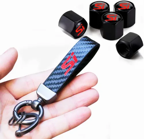 5 piezas de tapas de vástago de válvula de neumático de automóvil, llavero de automóvil estilo fibra de carbono con emblema Si para accesorios Civic