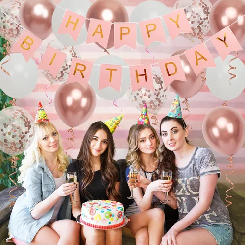 Miniatura 5 de Cartel de feliz cumpleaños, decoración de cumpleaños de oro rosa, 16 globos de 12 pulgadas con 2 cintas para decoración de fiesta de niña y mujer