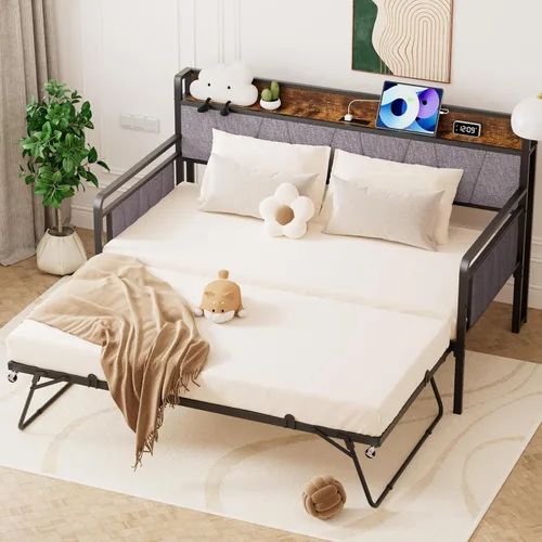Miniatura 2 de Sofá cama individual con nido, moderno sofá cama individual, marco de cama de metal resistente con cabecera tapizada para sala de estar, dormitorio