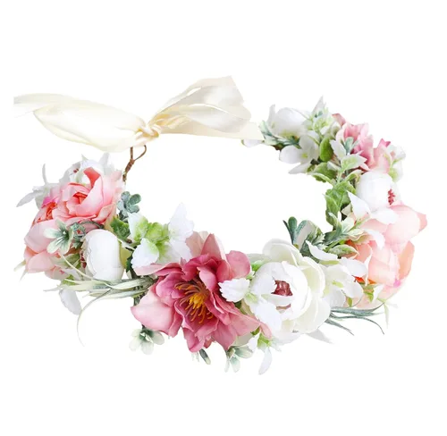 Miniatura 13 de Corona de flores de rosas para novia, diadema floral para el cabello, diadema de flores, halo bohemio con cinta, boda, fiesta, festival, fotos