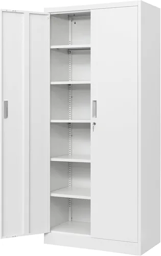Miniatura 10 de Wanfu Gabinete de almacenamiento de metal, gabinete de almacenamiento con bloqueo de 71 pulgadas con estantes ajustables y 2 cajones, gabinetes