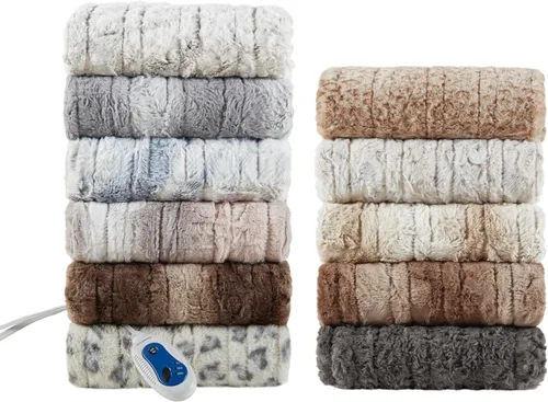 Miniatura 5 de Beautyrest Zuri - Poncho manta eléctrica reversible de piel sintética de leopardo de las nieves a visón, ponible, apagado automático, prácticamente