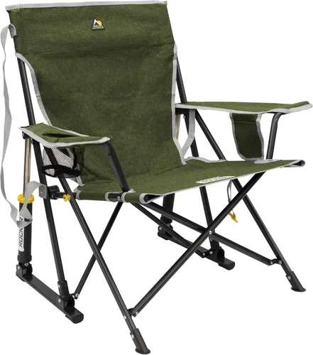 GCI Outdoor Kickback - Mecedora de camping plegable portátil | Mecedora plegable con reposabrazos duraderos, portavasos y asiento relajado más bajo