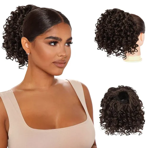 Miniatura 13 de PEACOCO Extensión de cola de caballo rizada con cordón para mujeres negras - Cola de caballo de 6 pulgadas con clip, postizo sintético de afro corto