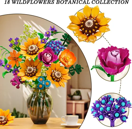 Miniatura 6 de CUBIMANA Juego de construcción de ramo de flores silvestres con luces, 912 piezas, colección de flores silvestres, 18 botánicos, bloques