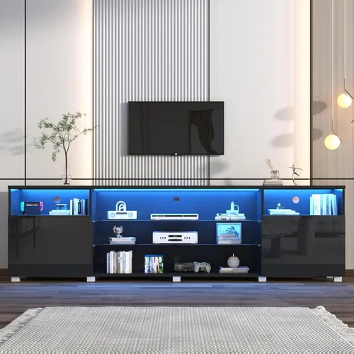 Miniatura 8 de St.Mandyu Soporte de TV LED para TV de 60/65/70 pulgadas, moderno centro de mesa de televisión con cajón y luces LED, centro de entretenimiento