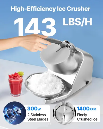 Miniatura 2 de VEVOR Máquina trituradora de hielo, máquina eléctrica de cono de nieve de 2 cuchillas de 143 libras por hora, máquina de hielo afeitado de acero
