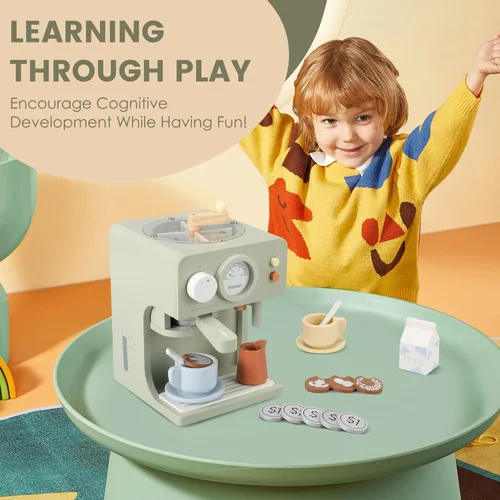 Miniatura 3 de Pithfor Juguete Cafetera de Madera para Niños con Molinillo, Juego de Simulación Electrodomésticos de Cocina y Accesorios Juguete Regalo para Niños