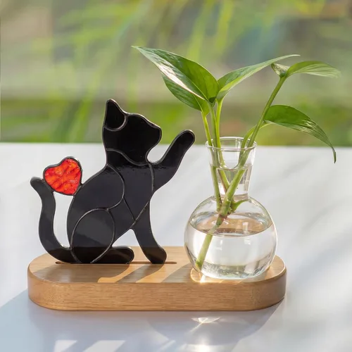 Hewory Estaciones de propagación de gatos hechas a mano: maceta negra para gatos con soporte de madera para decoración de escritorio para amantes de