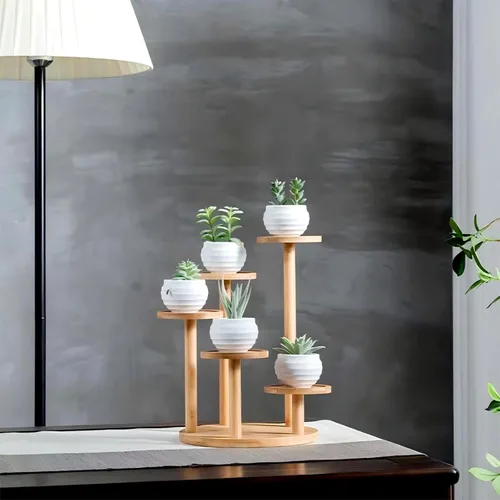 Miniatura 5 de Soporte de escritorio de 5 niveles para plantas, estante redondo de bambú para plantas, soporte de mesa para suculentas y hierbas, soporte