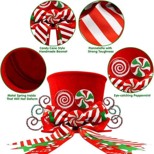 Miniatura 4 de Adorno para la Copa del Árbol de Bastones de Caramelo de Navidad Sombrero Rojo con Lazos de Menta Adorno Piruleta de Invierno Decoración del Hogar