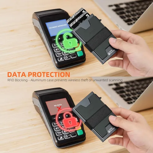 Miniatura 20 de AUTLEY Portatarjetas delgado, billetera minimalista desplegable para hombres, con bloqueo RFID y banda para efectivo (negro)