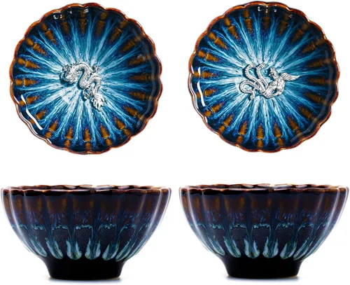 Dragon Phoenix - Juego de tazas de té de cerámica, 4 onzas hechas a mano chino Jianzhan Tenmoku taza de té para el hogar y la oficina, regalos