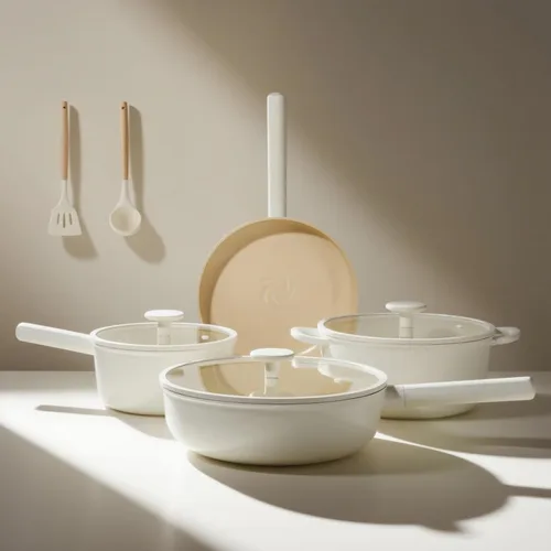 JEETEE Juego de utensilios de cocina de cerámica, juego de 13 ollas y sartenes antiadherentes con asas extraíbles de rotación, juego de cocina