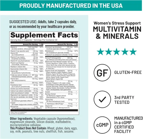 Miniatura 9 de NatureWise Multivitamínico para mujeres + apoyo al estrés con alimentos integrales orgánicos y minerales naturales, complejo B + vitamina C+D3 K2