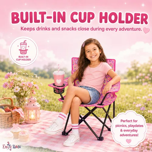 Miniatura 6 de Emily Rose Silla de playa plegable para niños con soporte para tazas, bloqueo de seguridad y estuche de transporte a juego (corazones juguetones)