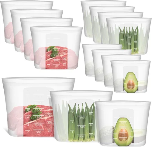 Miniatura 31 de Bolsas de Alimentos Reutilizables, Paquete de 12 Bolsas de Almacenamiento de Alimentos 100% Silicona que se Mantienen de Pie con Cierre Hermético