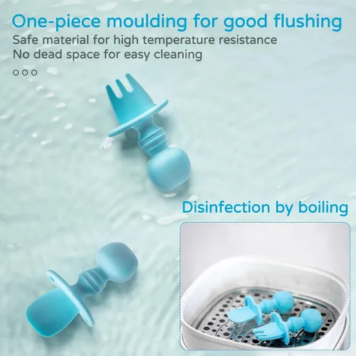 Miniatura 6 de Utensilios de silicona, juego de tenedor y cuchara para bebé, utensilios de entrenamiento, etapa de destete LED para bebés de 6 meses (azul)