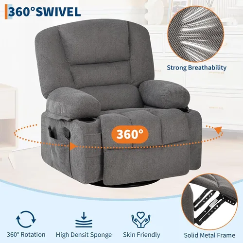 Miniatura 7 de Mecedora de masaje con vibración y calor, sillas mecedoras giratorias de felpilla de 360° para sala de estar, asiento de cine en casa con portavasos