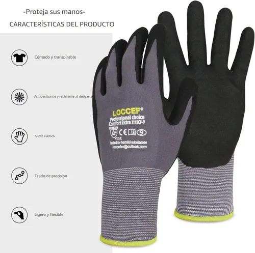 Miniatura 7 de LOCCEF - Guantes de trabajo con revestimiento de nitrilo de microespuma, 6 pares, guantes de nailon de punto sin costuras, guantes de trabajo grises